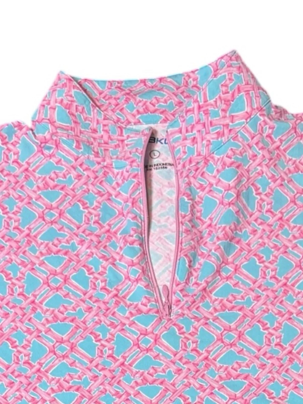 IBKUL Pink and Aqua Geometric Performance Top Semi Sheer Sleeves Women’s Size L